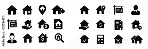Icons representing real estate concepts including sale, location, and home services