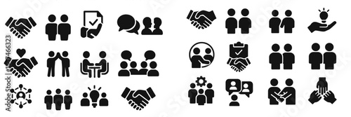Collection of handshaking and teamwork icons representing collaboration, partnership, and communication in various settings