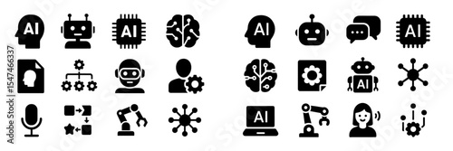 Diverse collection of artificial intelligence related icons showcasing technology and its applications in various fields