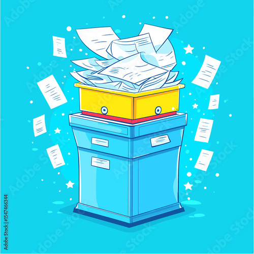 Overflowing Paperwork: A Cartoon Illustration of Filing Cabinets and Documents.