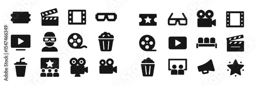 Icons representing different elements of film and cinema in a minimalistic design suitable for various media projects