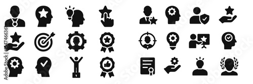 Icons representing achievements, creativity, and leadership skills in various professional pursuits for development and recognition