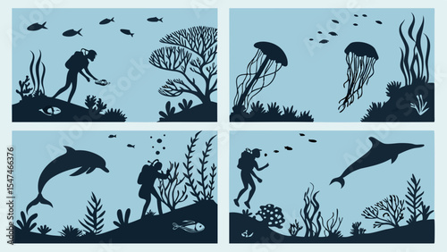 Underwater Scuba Diver and Marine Life Silhouettes Set. Ocean Fish, Jellyfish, Dolphin, Coral Reef Vector Illustration.