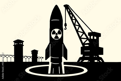 Silhouette of a Nuclear Missile with Crane and Guard Towers Illustration