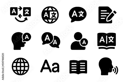 Imagery of language translation and communication symbols in black and white with diverse icons depicting learning and global interaction