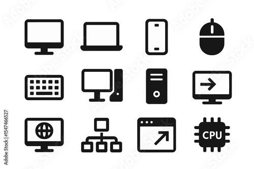 Collection of computer and technology icons representing various devices and components displayed on a white background