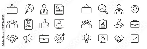 Collection of icons depicting various business-related activities and concepts in a minimalist design