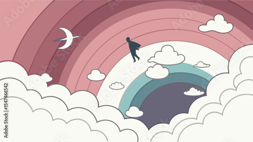 Flying person with cape soaring over a beautiful pastel rainbow and fluffy clouds in a dreamy sky. Freedom, hope, inspiration.