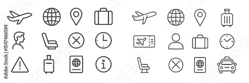 Travel icons representing airport activities including boarding, luggage, and flight information in a simple design