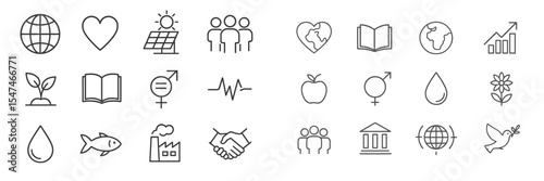 Icons representing sustainability, community, and growth focused on environmental and social themes