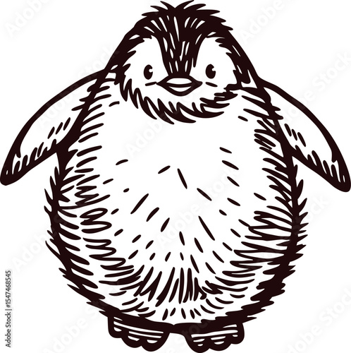 Hand drawn fluffy baby penguin standing with open wings, black and white illustration in sketch
