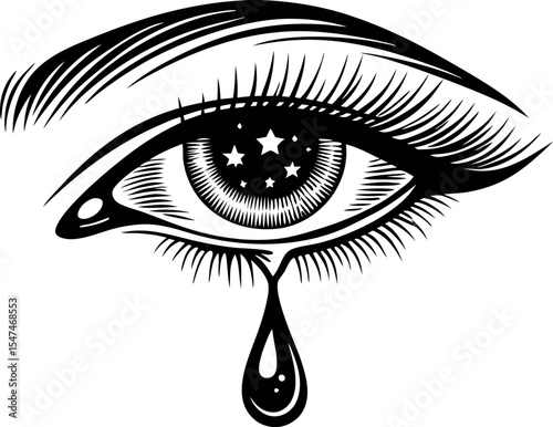 Detailed black and white illustration of a teary eye with stars in the iris and a single tear drop on white background