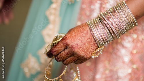 Close-up of a woman's henna-decorated hand adorned with numerous sparkling bangles and gold jewelry, a detail shot from an Indian wedding.