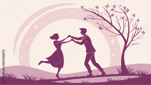 Romantic Couple Dancing Outdoors Silhouette Illustration Love Happiness Togetherness Relationship Concept Vector Graphic