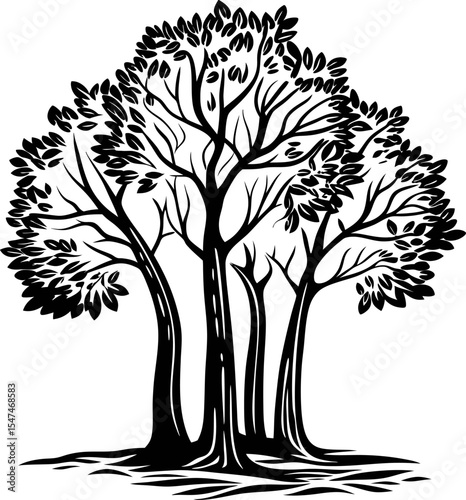 Hand drawn black and white tree illustration with detailed leafy branches and textured bark silhouette