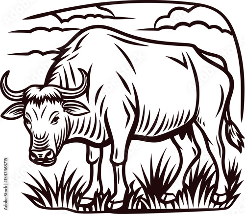 Vintage engraved illustration of a buffalo grazing in a field with clouds and grass on a white background