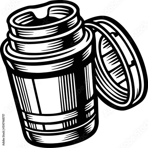 Hand drawn illustration of reusable coffee cup with open lid in vintage engraved