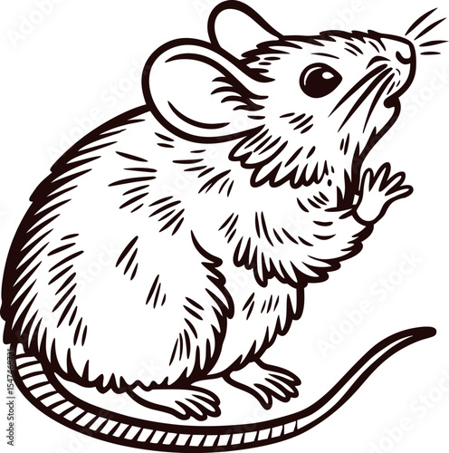 Hand drawn illustration of a sitting mouse isolated on white background in vintage engraved