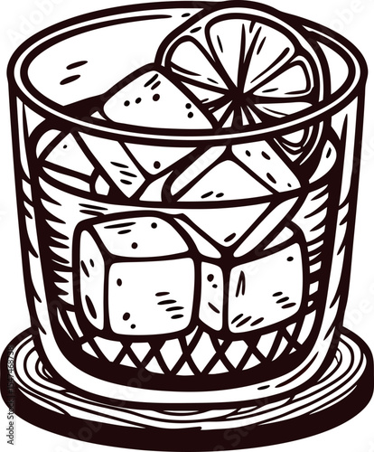 Hand drawn illustration of whiskey glass with lemon slice and ice cubes on round coaster