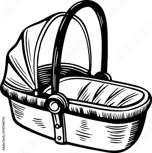 Hand drawn wicker baby bassinet isolated on white background vintage engraved illustration