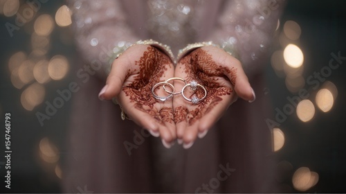 Close-up of henna-decorated hands gently holding wedding rings, a symbol of love and commitment, against a softly blurred bokeh background.