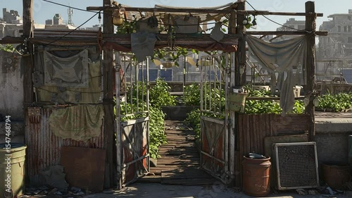 Rooftop garden with vibrant plants and rustic decor in sunlight