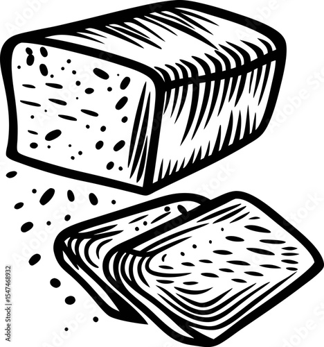 Hand drawn illustration of sliced loaf bread with crumbs in vintage engraved