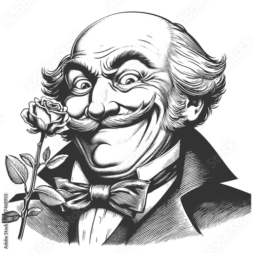 smiling, mustached man with a rose, wearing a bow tie and looking mischievous sketch engraving generative ai fictional character vector illustration. Scratch board imitation. Black and white image.