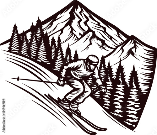 Skier racing downhill past pine trees with snowy mountain landscape in hand drawn vintage engraving