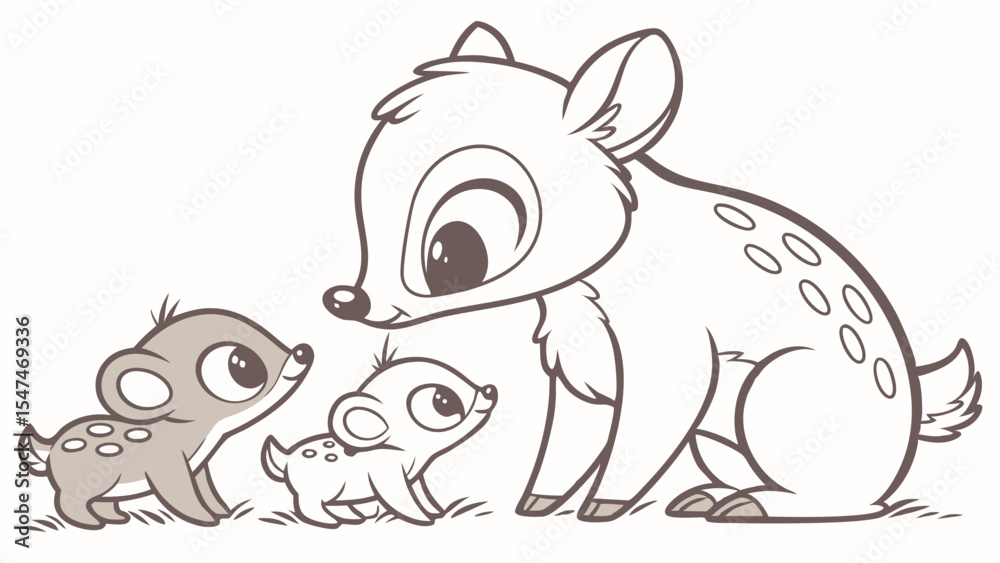 Naklejka premium Cute cartoon deer family illustration. Mother deer with two adorable baby fawns. Sweet animal art for kids and nursery.