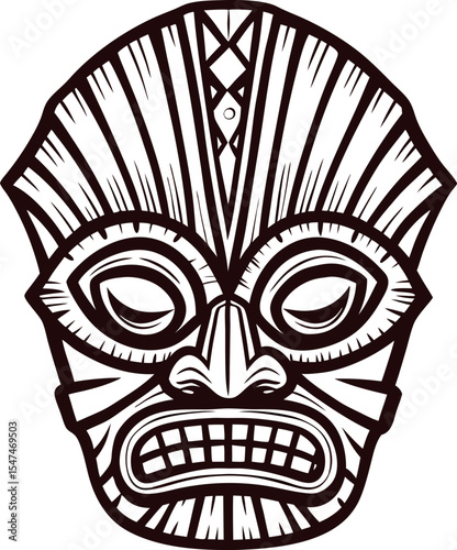 Intricately detailed tribal mask illustration with bold lines and symmetrical geometric patterns
