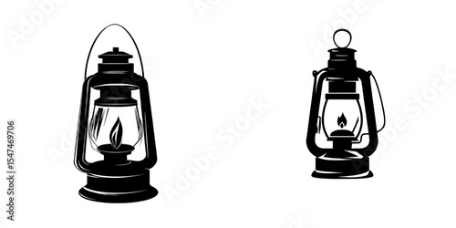 Isolated on a white background is the silhouette of a vintage camping lantern, which is a retro gas lamp with a burning wick, illustrated in a flat modern style as a tourist oil lantern outline