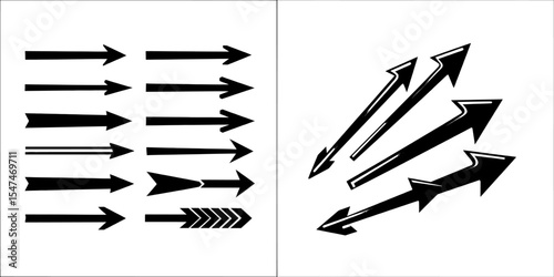 Big black set icons comprise an arrow icon, modern simple arrows, and a modern collection of arrow cursors