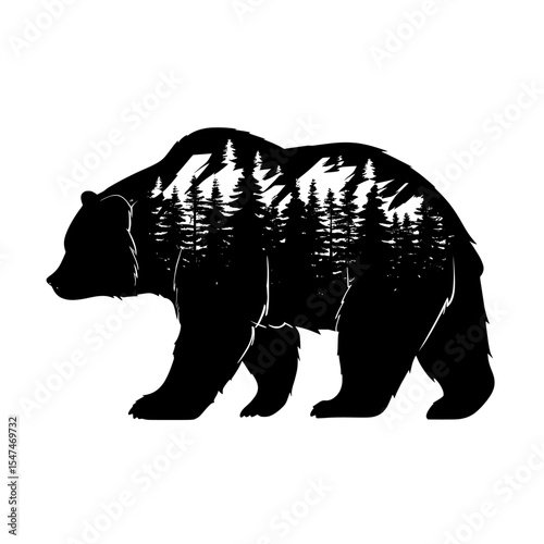 Black modern illustration on a white background featuring a bear whose shape is creatively filled with a forest landscape