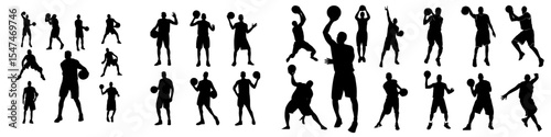 Modern illustration featuring a collection of basketball player silhouettes in various poses and gestures isolated on a white background