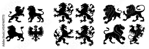 Collection of premium wild animal symbols featuring royal heraldic lions, including a black silhouette of a rampant lion and griffins, ideal for logos or coats of arms