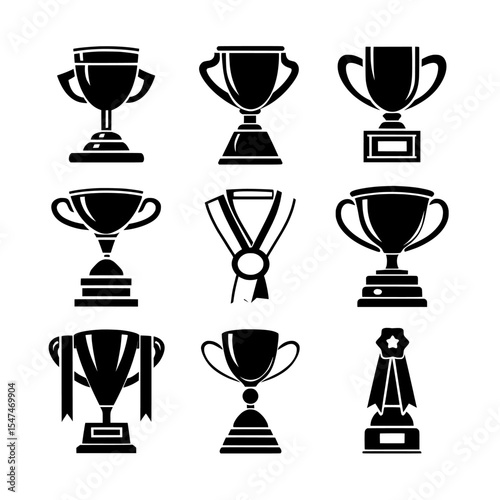 The collection of award icons features trophies, medals, and ribbons, all isolated on a white background to symbolize winning and achievement