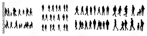 Modern illustration featuring people in various poses, including men, women, and children, isolated on a white background and shown walking, running, standing, or sitting in an isometric view