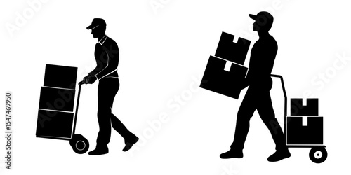 The silhouette of a delivery man with box packages is illustrated, along with a modern silhouette of a delivery man with carton box packages, and a silhouette of a delivery man carrying a box on