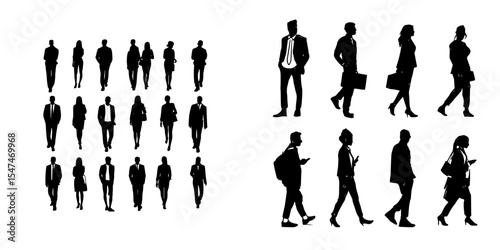 Diverse casual business people, comprising men and women, are illustrated in modern style silhouettes, standing and walking in full length, embodying a business concept with modern black monochrome