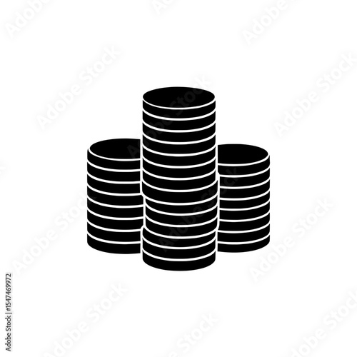 For UI, modern icons in flat style depict stacked coins filling black illustrations isolated on white backgrounds
