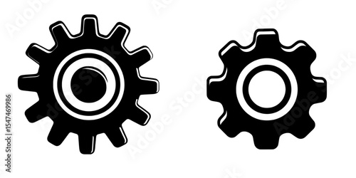 On a plain white background, there is a gear icon that is black and white