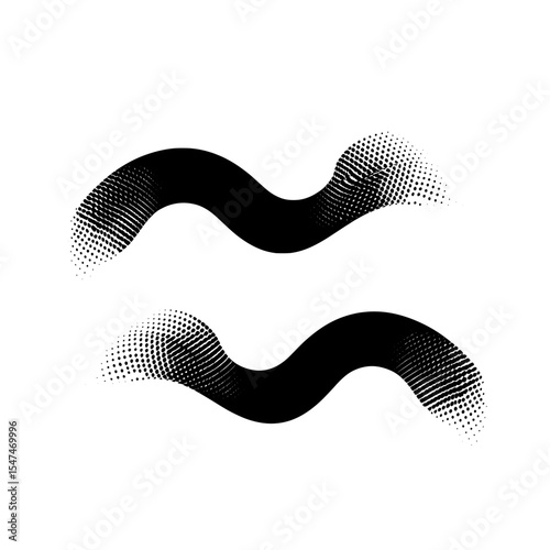 Halftone graphic dots create waves and abstract liquid shapes in a modern set of isolated symbols with a dotted gradient texture and a wave effect