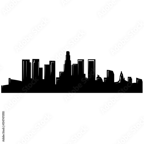 A black city design for Hollywood, CA, features the silhouette of the Hollywood skyline on a white background