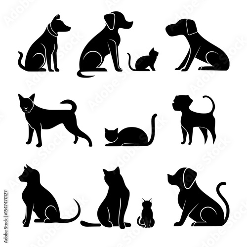 The gathering of canine and feline creatures is showcased through modern black silhouettes of pets, kittens, and cats in diverse poses, all set against a white backdrop as part of an Adobe