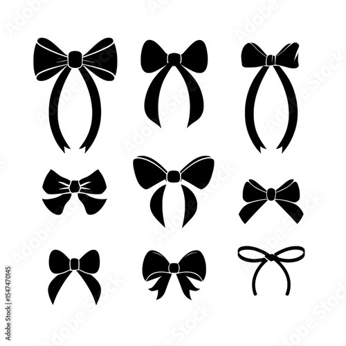 Modern icons featuring black ribbons are displayed in various bow silhouettes on a white background