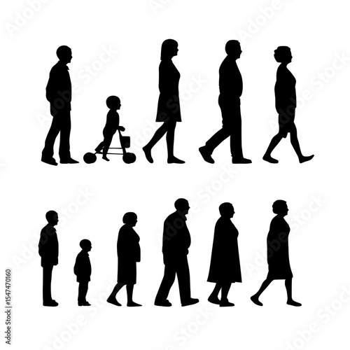 A collection of black silhouettes depicting humans at various ages, ranging from infancy to old age, presented in a modern flat illustration style against a white background