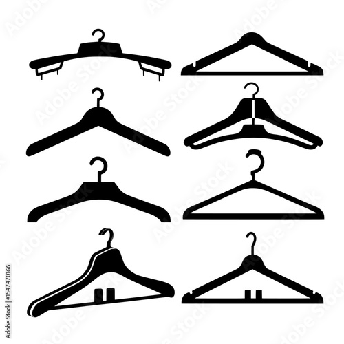 A collection of modern illustrations depicts clothes hangers in black silhouette form on a white background with diverse shapes