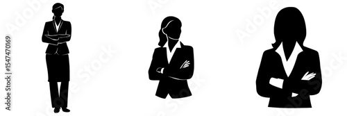 The image depicts a confident woman in a professional suit with her arms crossed