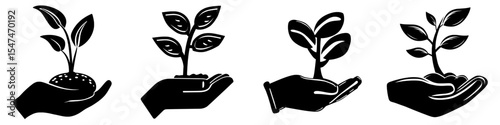 A hand cradling a sprouting plant in a black outline symbolizes sustainable agriculture in a modern design